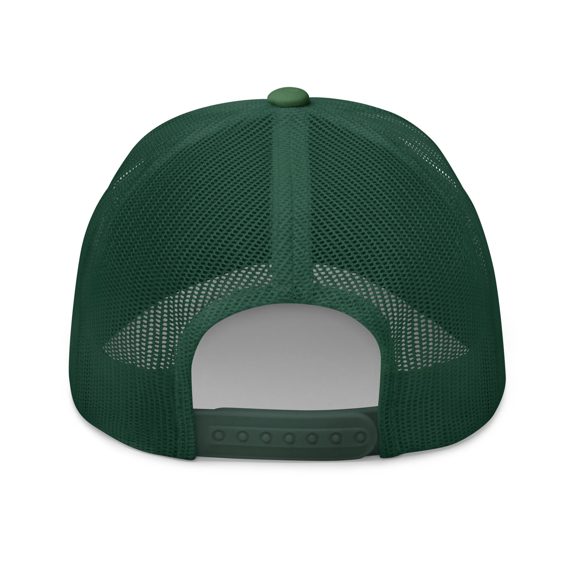 Evergreen green mesh-back trucker cap with embroidered Two Homes One Heart design combining the South African and Dutch flags.