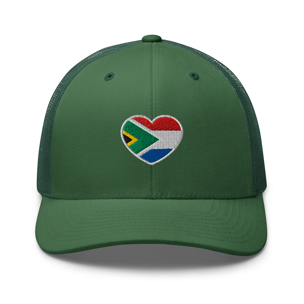Evergreen green mesh-back trucker cap with embroidered Two Homes One Heart design combining the South African and Dutch flags.