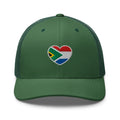 Evergreen green mesh-back trucker cap with embroidered Two Homes One Heart design combining the South African and Dutch flags.
