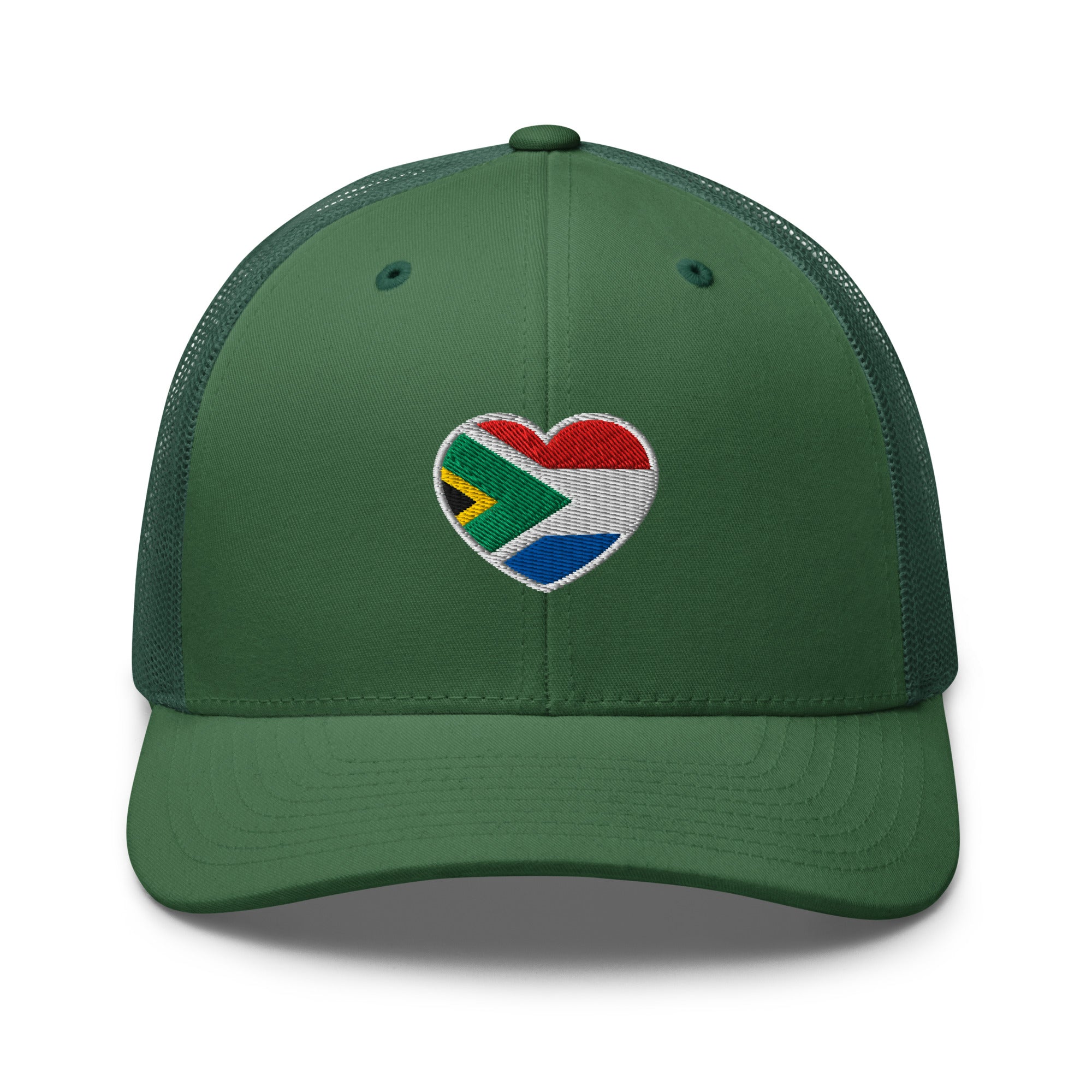 Evergreen green mesh-back trucker cap with embroidered Two Homes One Heart design combining the South African and Dutch flags.