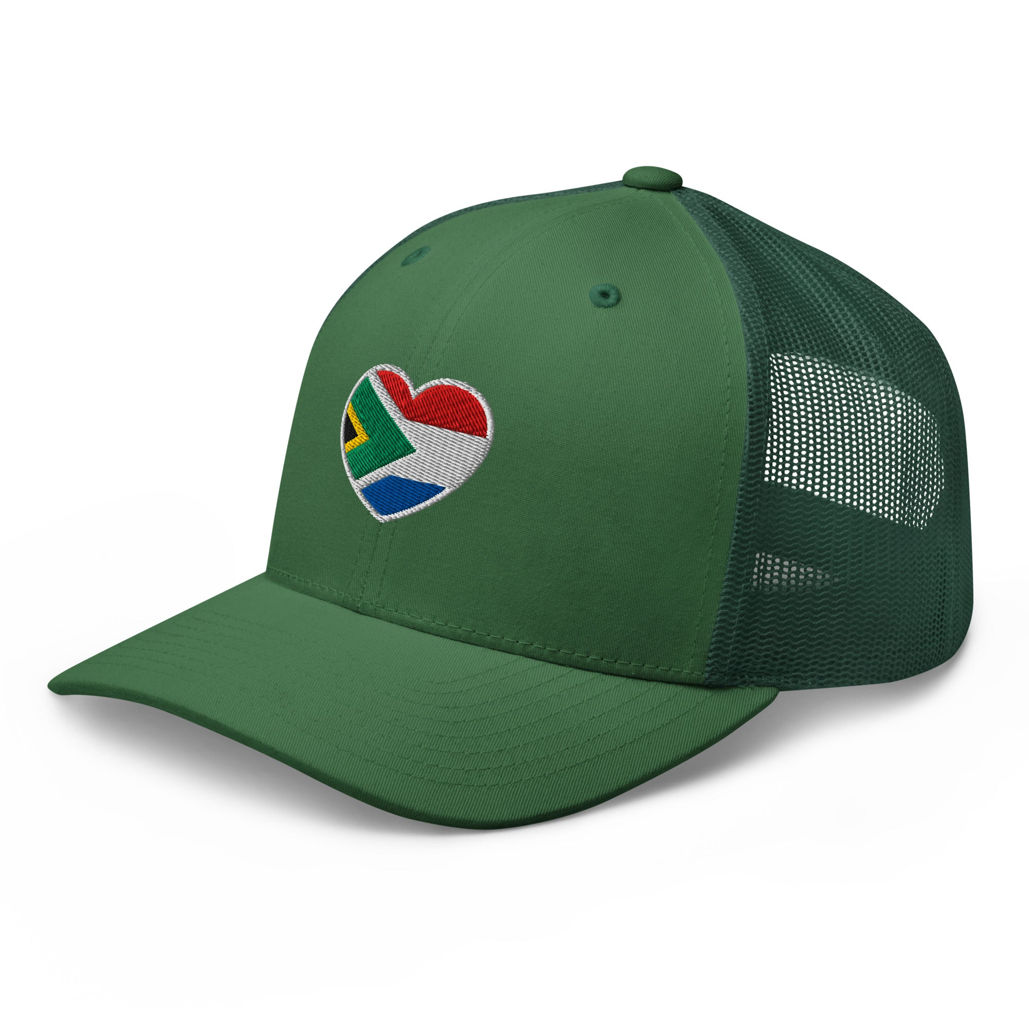 Evergreen green mesh-back trucker cap with embroidered Two Homes One Heart design combining the South African and Dutch flags.
