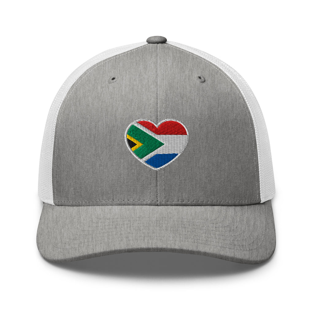 Grey and white mesh-back trucker cap with embroidered Two Homes One Heart design combining the South African and Dutch flags.