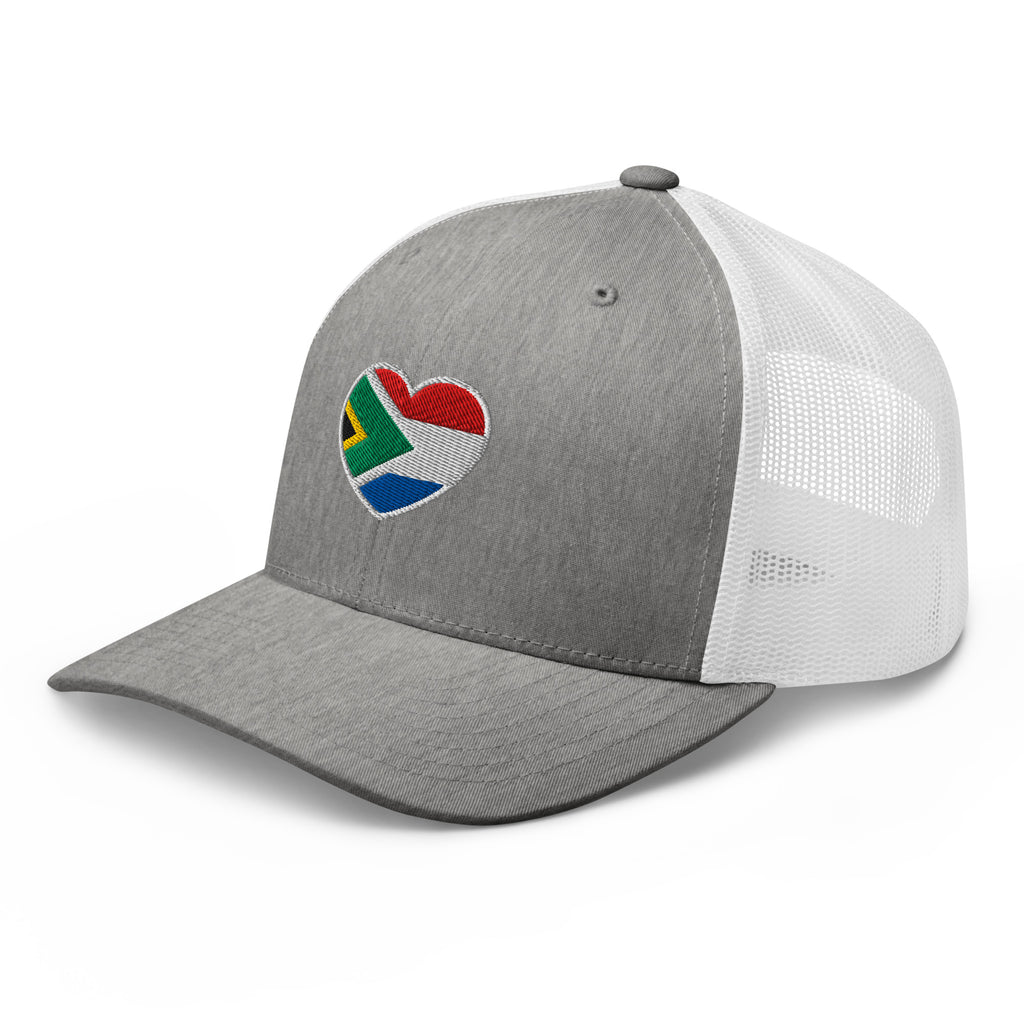 Grey and white mesh-back trucker cap with embroidered Two Homes One Heart design combining the South African and Dutch flags.