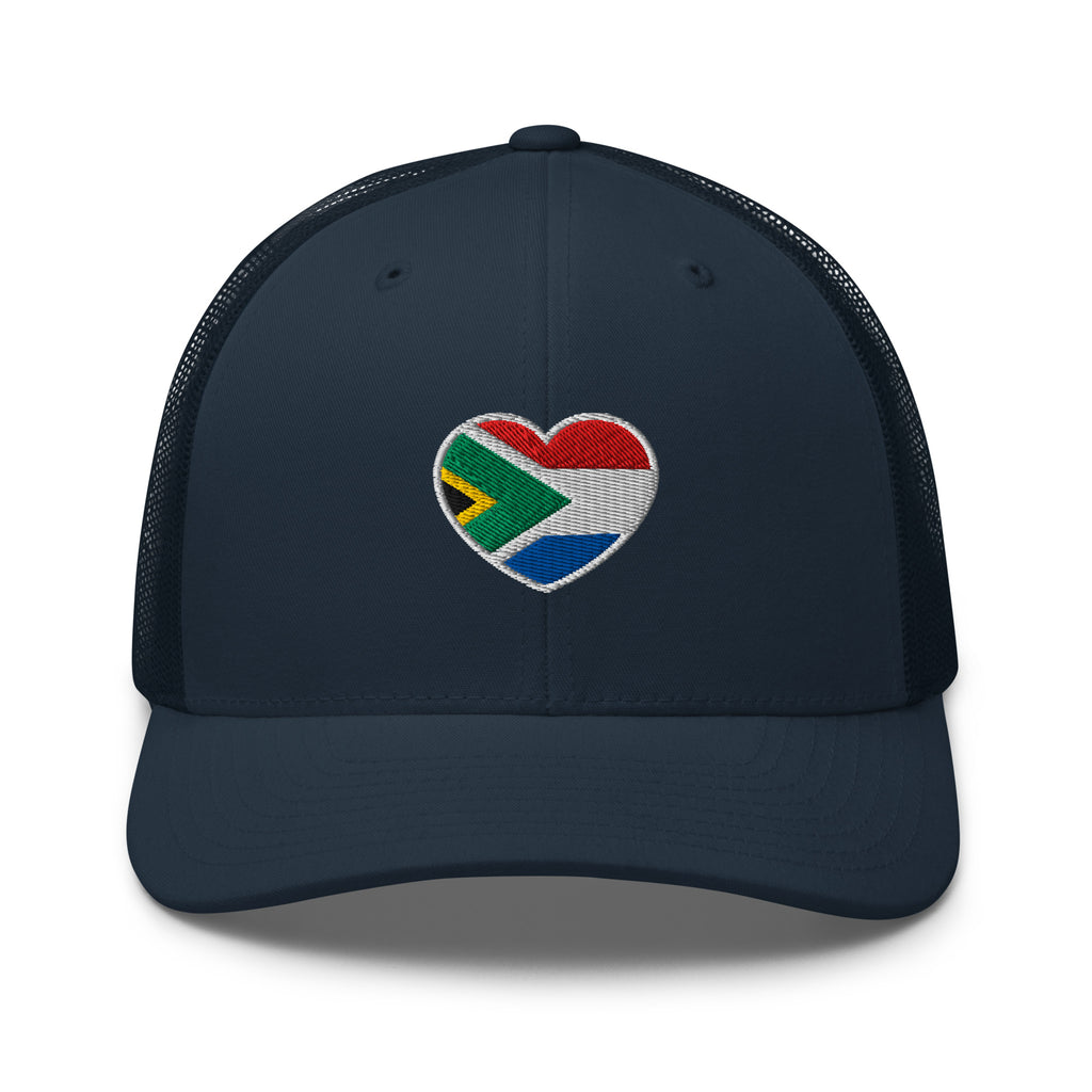 Navy mesh-back trucker cap with embroidered Two Homes One Heart design combining the South African and Dutch flags.