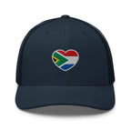 Navy mesh-back trucker cap with embroidered Two Homes One Heart design combining the South African and Dutch flags.