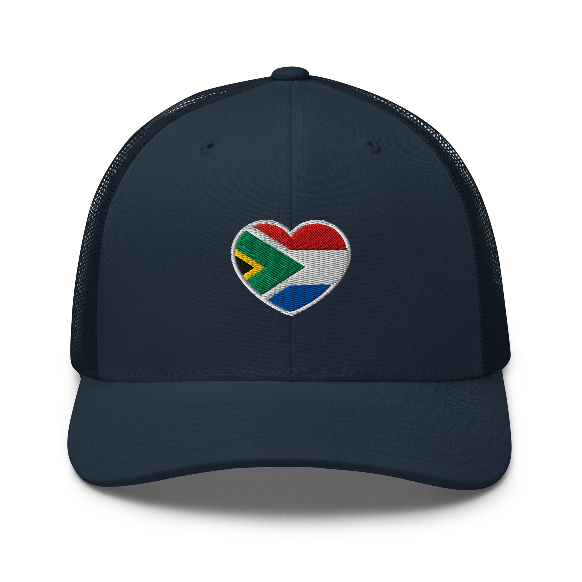 Navy mesh-back trucker cap with embroidered Two Homes One Heart design combining the South African and Dutch flags.