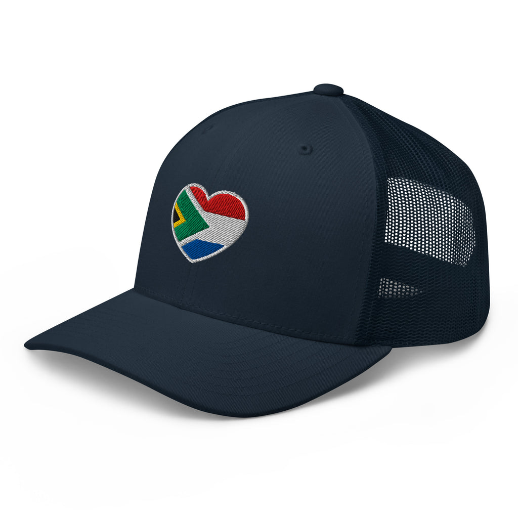 Navy green mesh-back trucker cap with embroidered Two Homes One Heart design combining the South African and Dutch flags.
