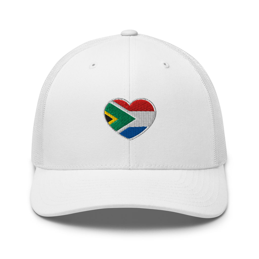 White mesh-back trucker cap with embroidered Two Homes One Heart design combining the South African and Dutch flags.