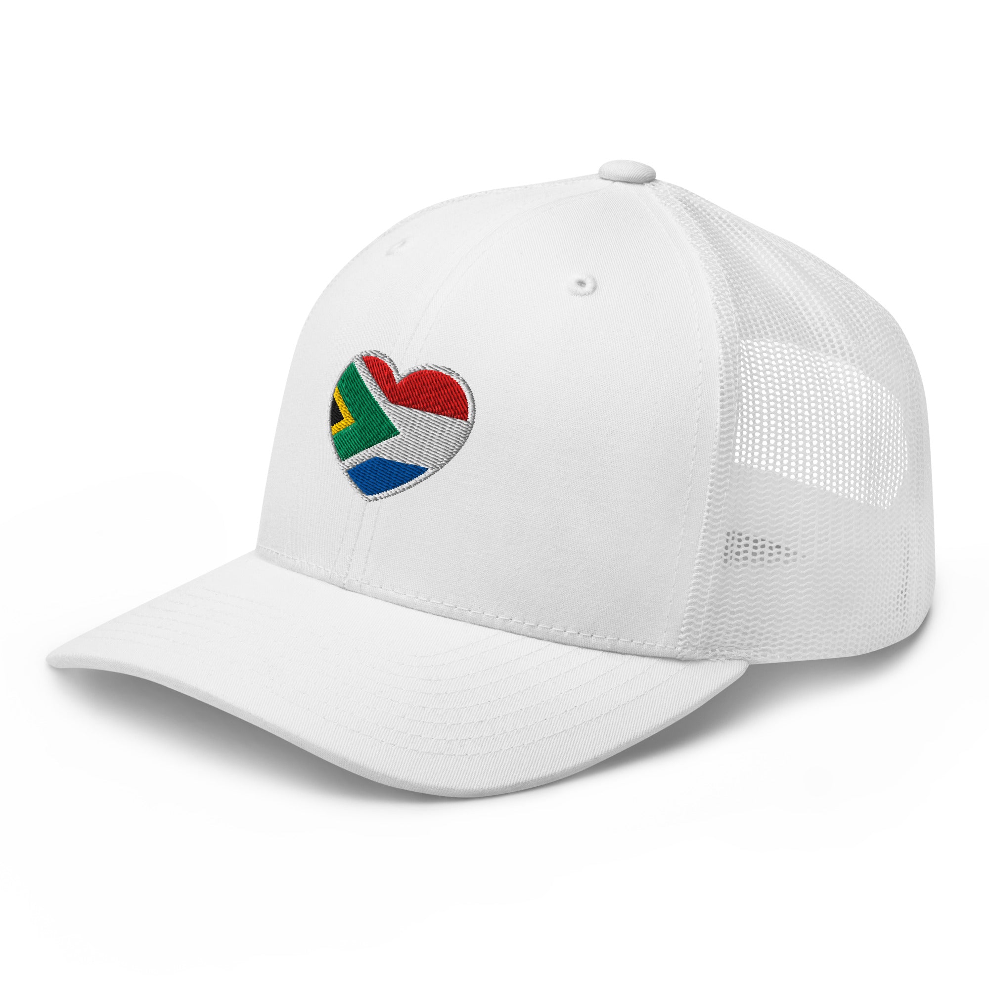 White mesh-back trucker cap with embroidered Two Homes One Heart design combining the South African and Dutch flags.