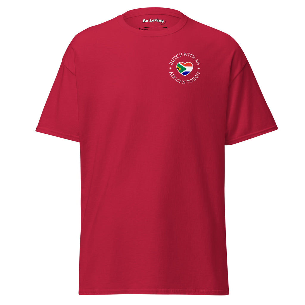 Unisex classic t-shirt with small “Dutch With An African Touch” text surrounding a heart combining South African and Dutch flag colours on the chest.