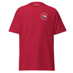 Unisex classic t-shirt with small “Dutch With An African Touch” text surrounding a heart combining South African and Dutch flag colours on the chest.