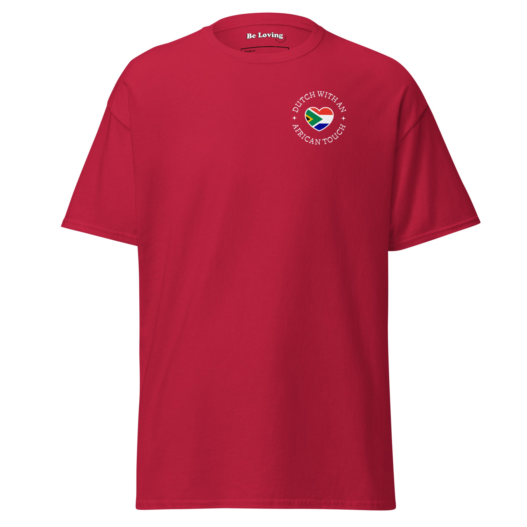 Unisex classic t-shirt with small “Dutch With An African Touch” text surrounding a heart combining South African and Dutch flag colours on the chest.