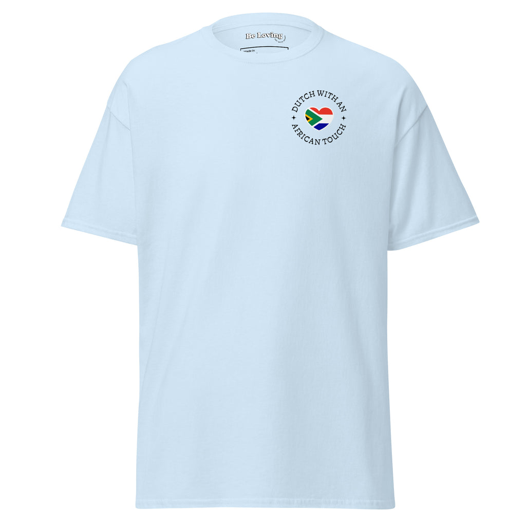 Unisex classic t-shirt with small “Dutch With An African Touch” text surrounding a heart combining South African and Dutch flag colours on the chest.