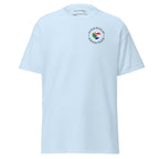 Unisex classic t-shirt with small “Dutch With An African Touch” text surrounding a heart combining South African and Dutch flag colours on the chest.