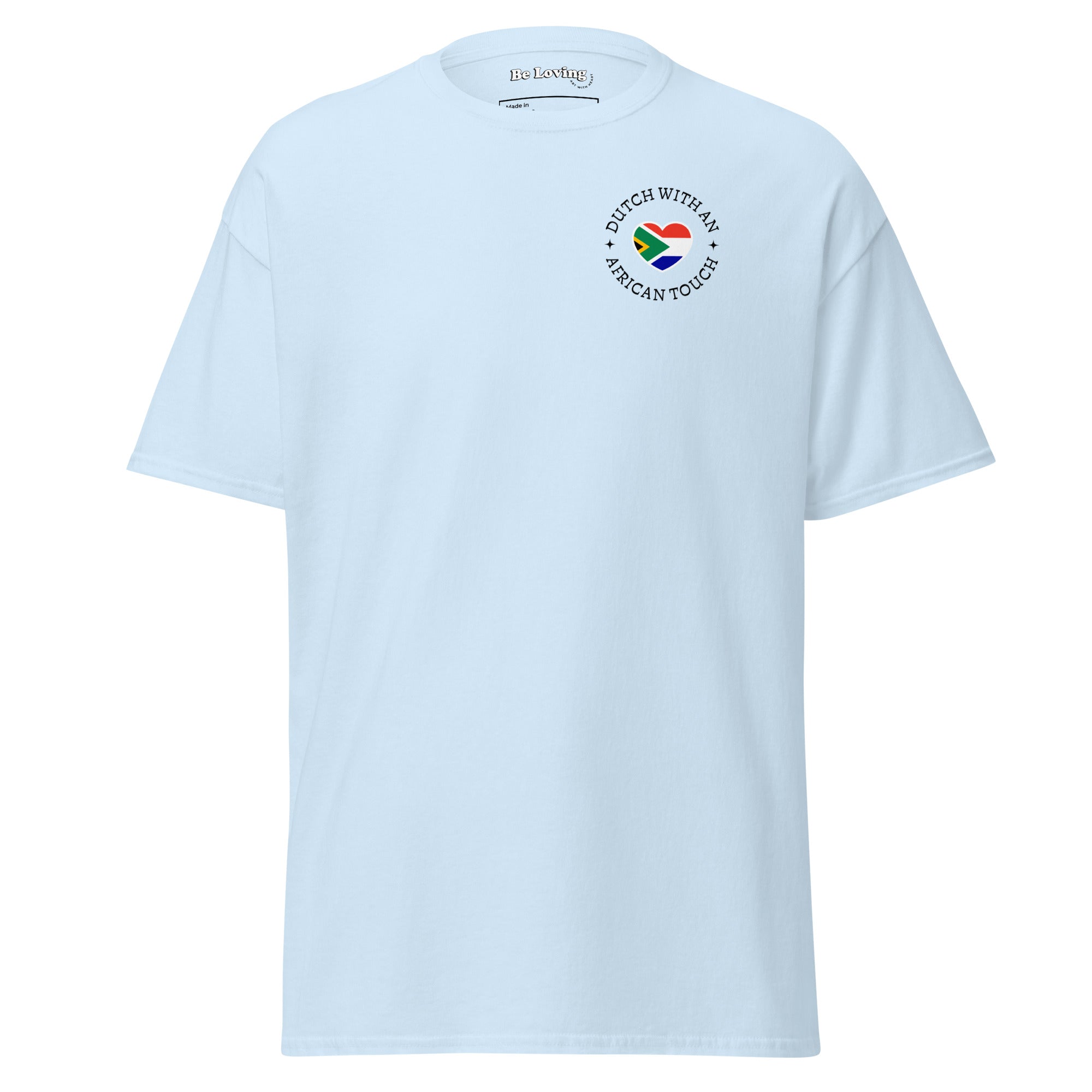 Unisex classic t-shirt with small “Dutch With An African Touch” text surrounding a heart combining South African and Dutch flag colours on the chest.