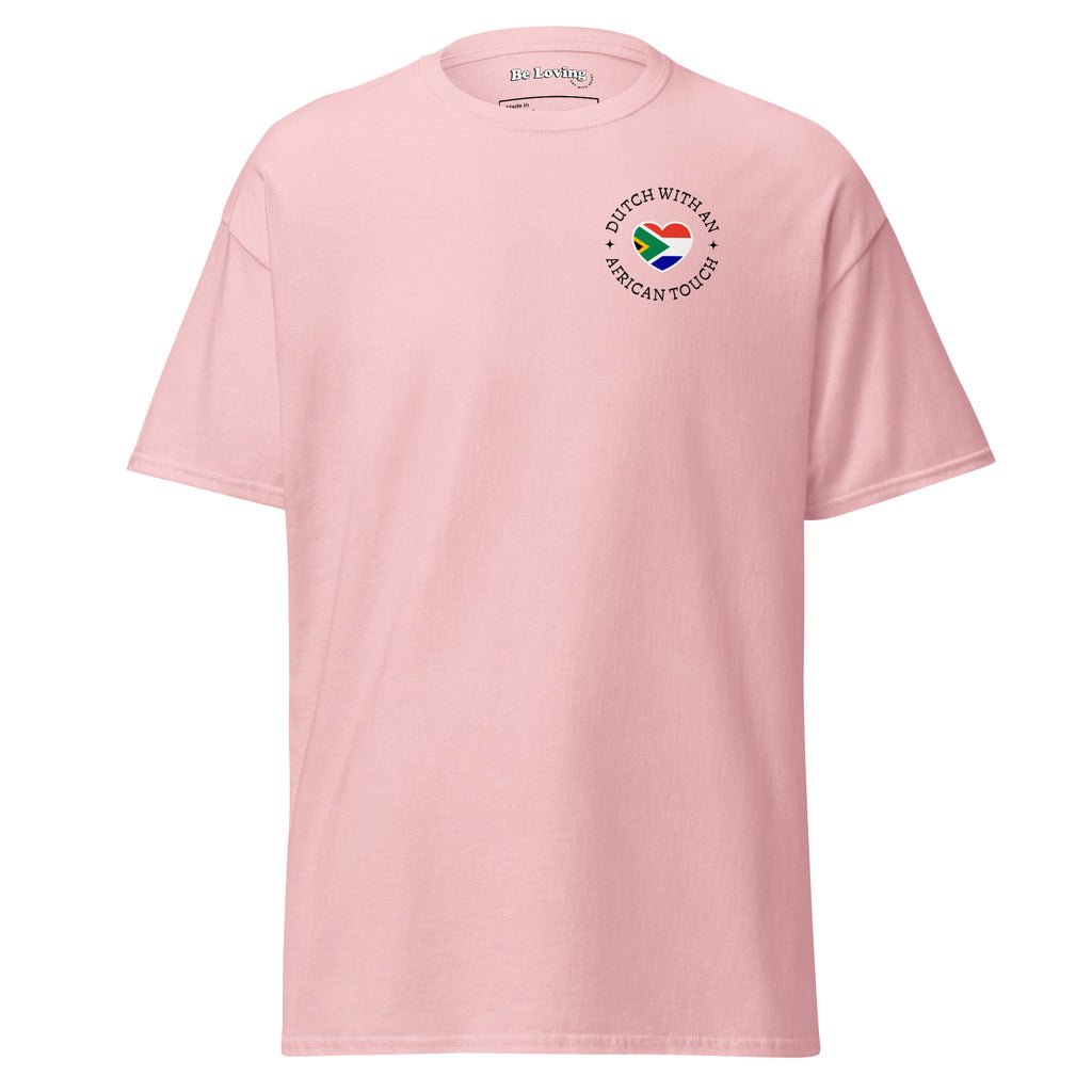 Unisex classic t-shirt with small “Dutch With An African Touch” text surrounding a heart combining South African and Dutch flag colours on the chest.