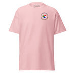 Unisex classic t-shirt with small “Dutch With An African Touch” text surrounding a heart combining South African and Dutch flag colours on the chest.