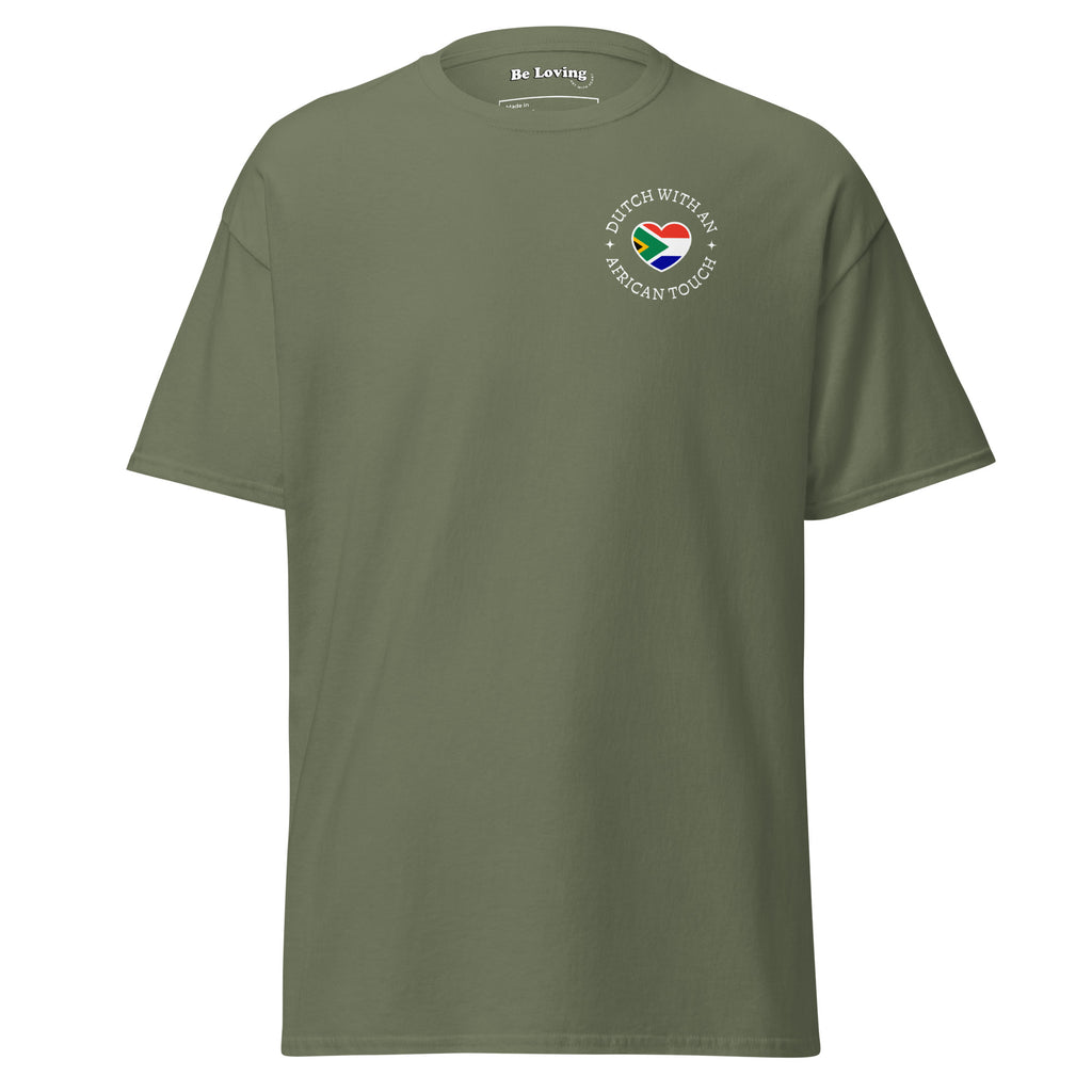 Unisex classic t-shirt with small “Dutch With An African Touch” text surrounding a heart combining South African and Dutch flag colours on the chest.