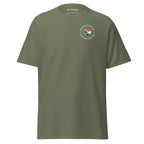 Unisex classic t-shirt with small “Dutch With An African Touch” text surrounding a heart combining South African and Dutch flag colours on the chest.
