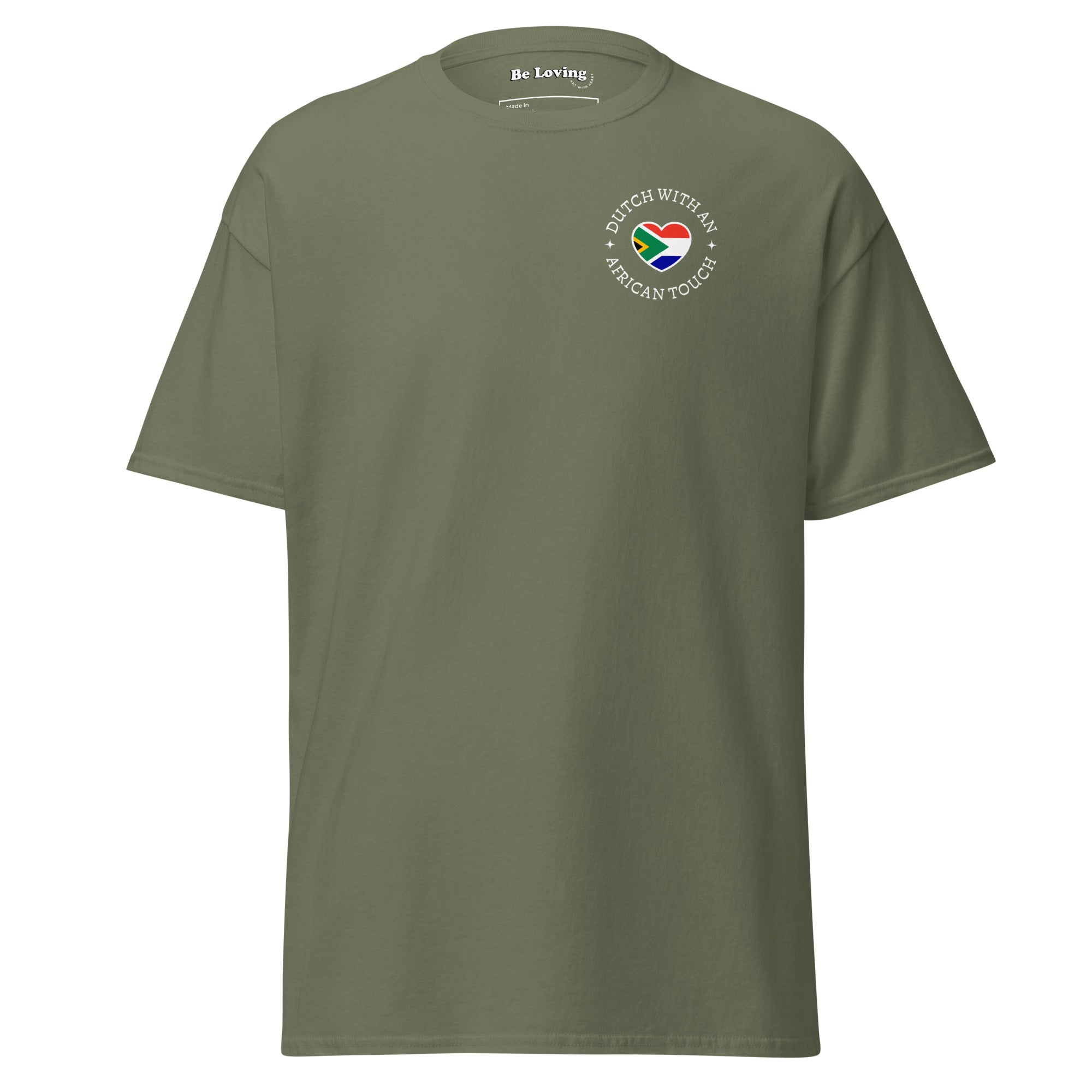 Unisex classic t-shirt with small “Dutch With An African Touch” text surrounding a heart combining South African and Dutch flag colours on the chest.