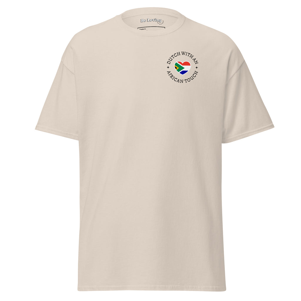 Unisex classic t-shirt with small “Dutch With An African Touch” text surrounding a heart combining South African and Dutch flag colours on the chest.