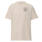 Unisex classic t-shirt with small “Dutch With An African Touch” text surrounding a heart combining South African and Dutch flag colours on the chest.
