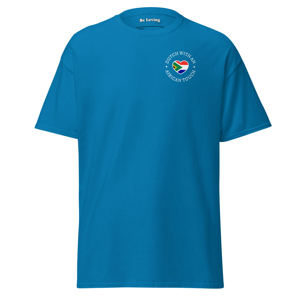 Unisex classic t-shirt with small “Dutch With An African Touch” text surrounding a heart combining South African and Dutch flag colours on the chest.
