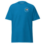 Unisex classic t-shirt with small “Dutch With An African Touch” text surrounding a heart combining South African and Dutch flag colours on the chest.