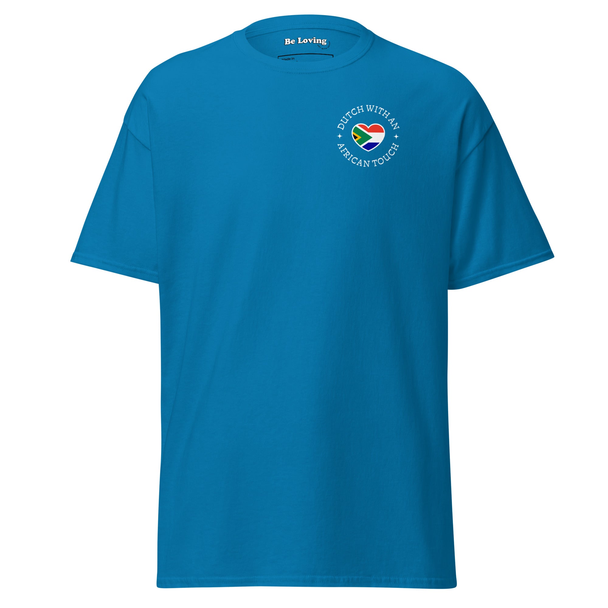 Unisex classic t-shirt with small “Dutch With An African Touch” text surrounding a heart combining South African and Dutch flag colours on the chest.