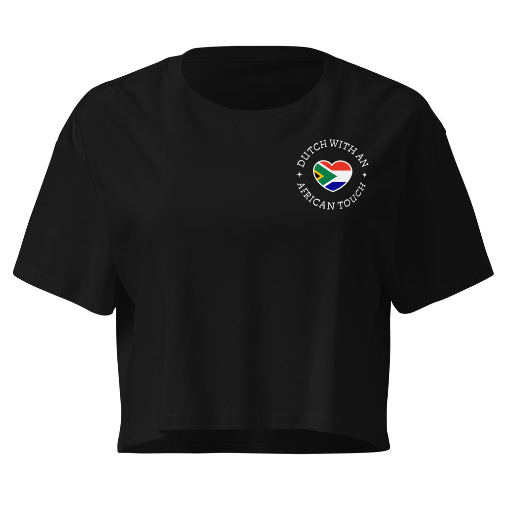 Women’s crop top with small “Dutch With An African Touch” text and a heart combining South African and Dutch flag colours on the chest.