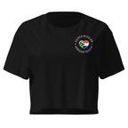 Women’s crop top with small “Dutch With An African Touch” text and a heart combining South African and Dutch flag colours on the chest.