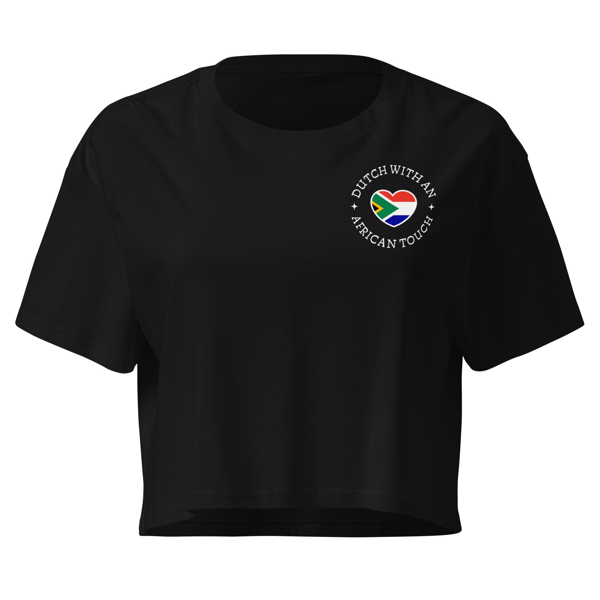 Women’s crop top with small “Dutch With An African Touch” text and a heart combining South African and Dutch flag colours on the chest.
