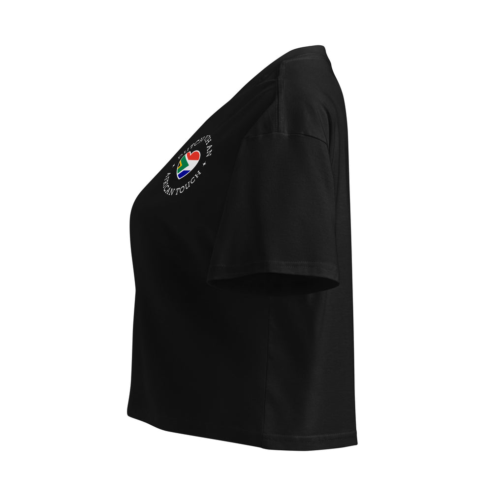 Women’s crop top with small “Dutch With An African Touch” text and a heart combining South African and Dutch flag colours on the chest.
