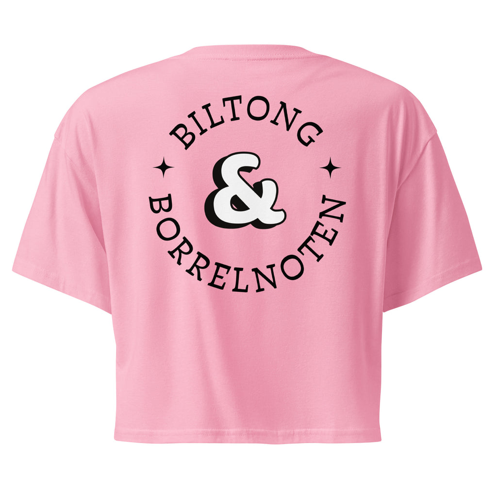 Women’s crop top with a small Two Homes One Heart design combining South African and Dutch flags on the chest and large Biltong & Borrelnoten graphic on the back.