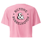 Women’s crop top with a small Two Homes One Heart design combining South African and Dutch flags on the chest and large Biltong & Borrelnoten graphic on the back.
