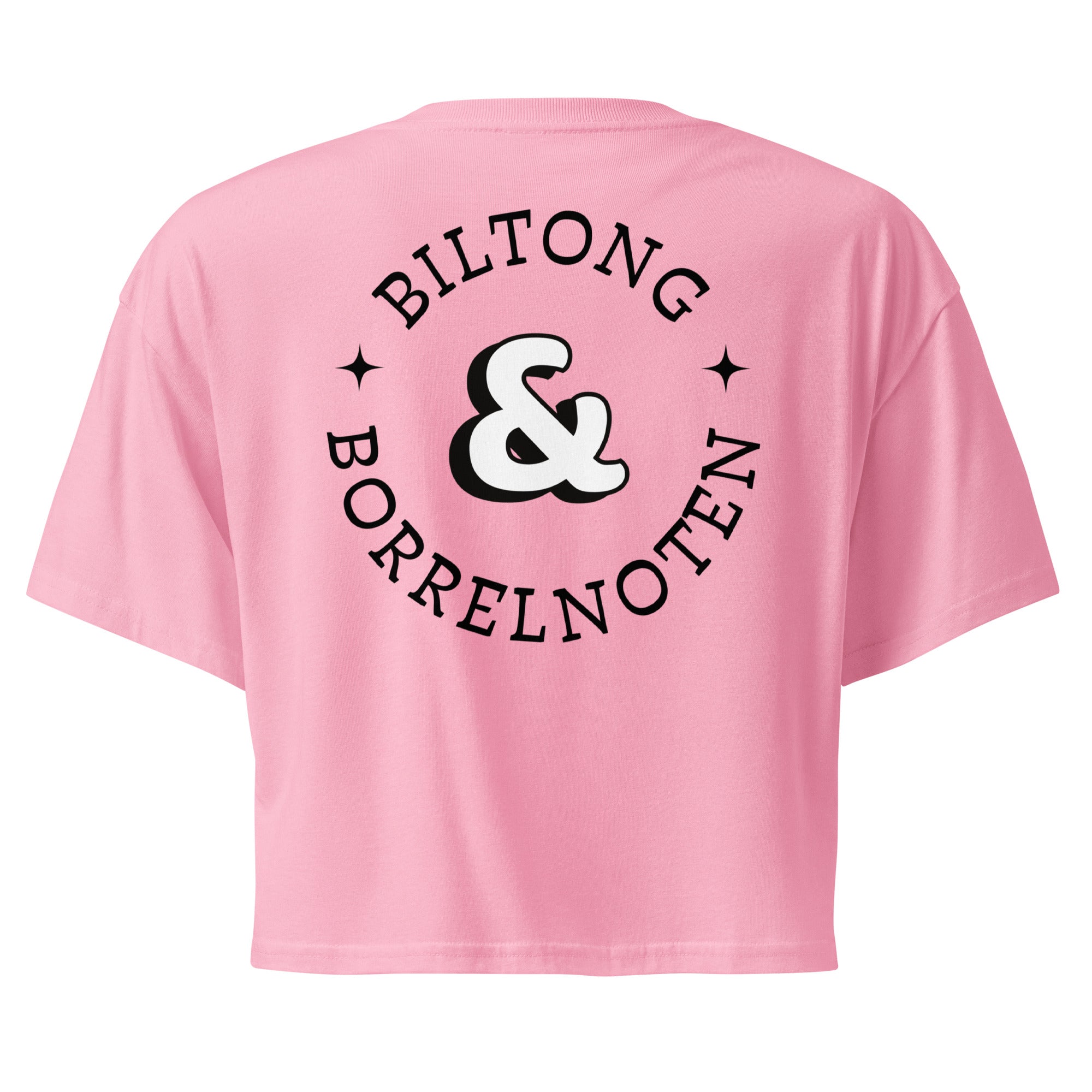 Women’s crop top with a small Two Homes One Heart design combining South African and Dutch flags on the chest and large Biltong & Borrelnoten graphic on the back.