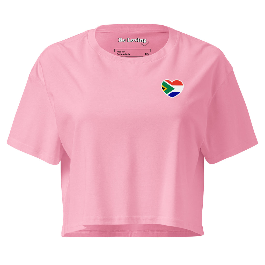 Women’s crop top with a small Two Homes One Heart design combining South African and Dutch flags on the chest and large Biltong & Borrelnoten graphic on the back.