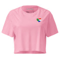 Women’s crop top with a small Two Homes One Heart design combining South African and Dutch flags on the chest and large Biltong & Borrelnoten graphic on the back.