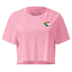 Women’s crop top with a small Two Homes One Heart design combining South African and Dutch flags on the chest and large Biltong & Borrelnoten graphic on the back.