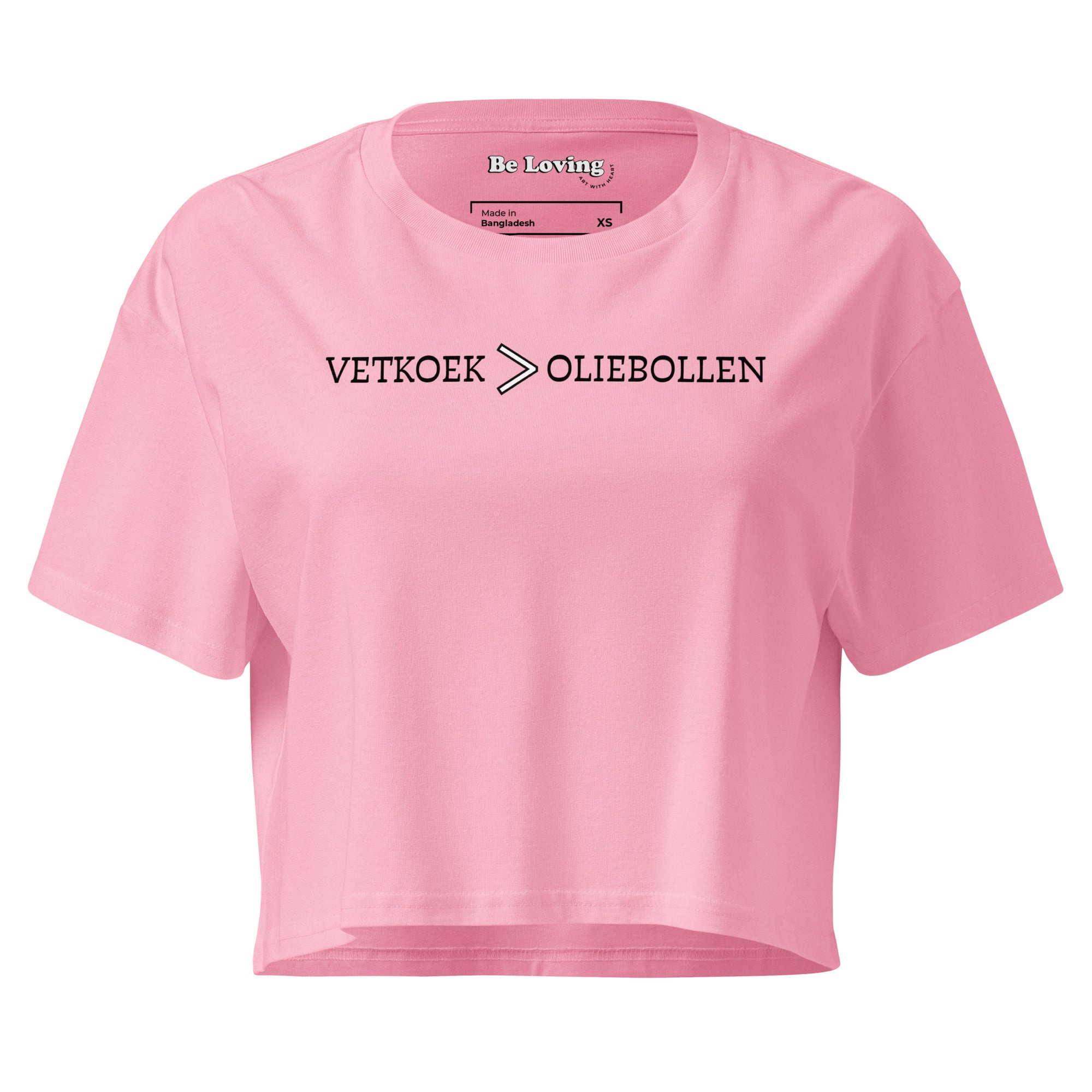 Women’s cropped t-shirt with “Vetkoek > Oliebollen” printed in black across the chest, South African Roots collection top.