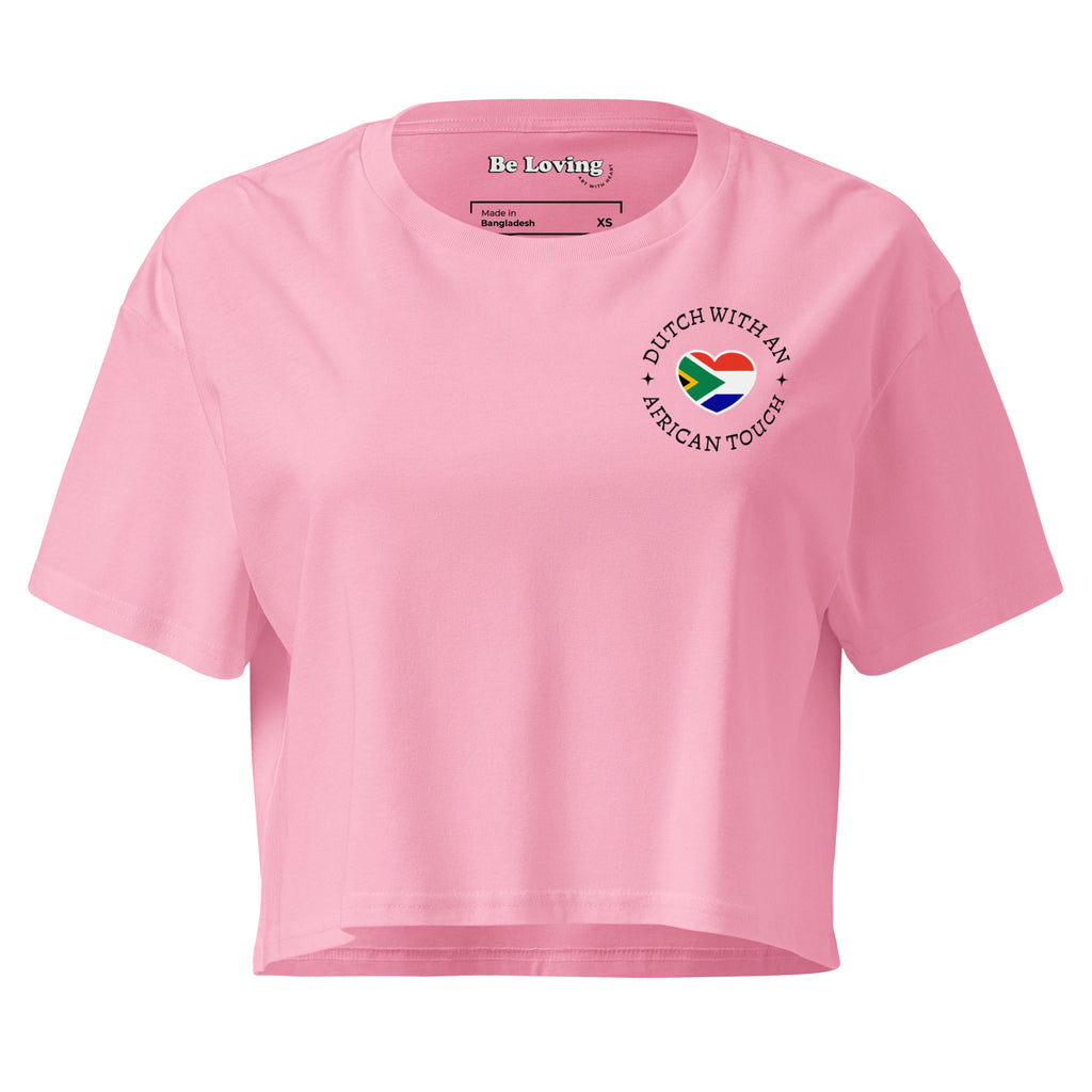 Women’s crop top with small “Dutch With An African Touch” text and a heart combining South African and Dutch flag colours on the chest.