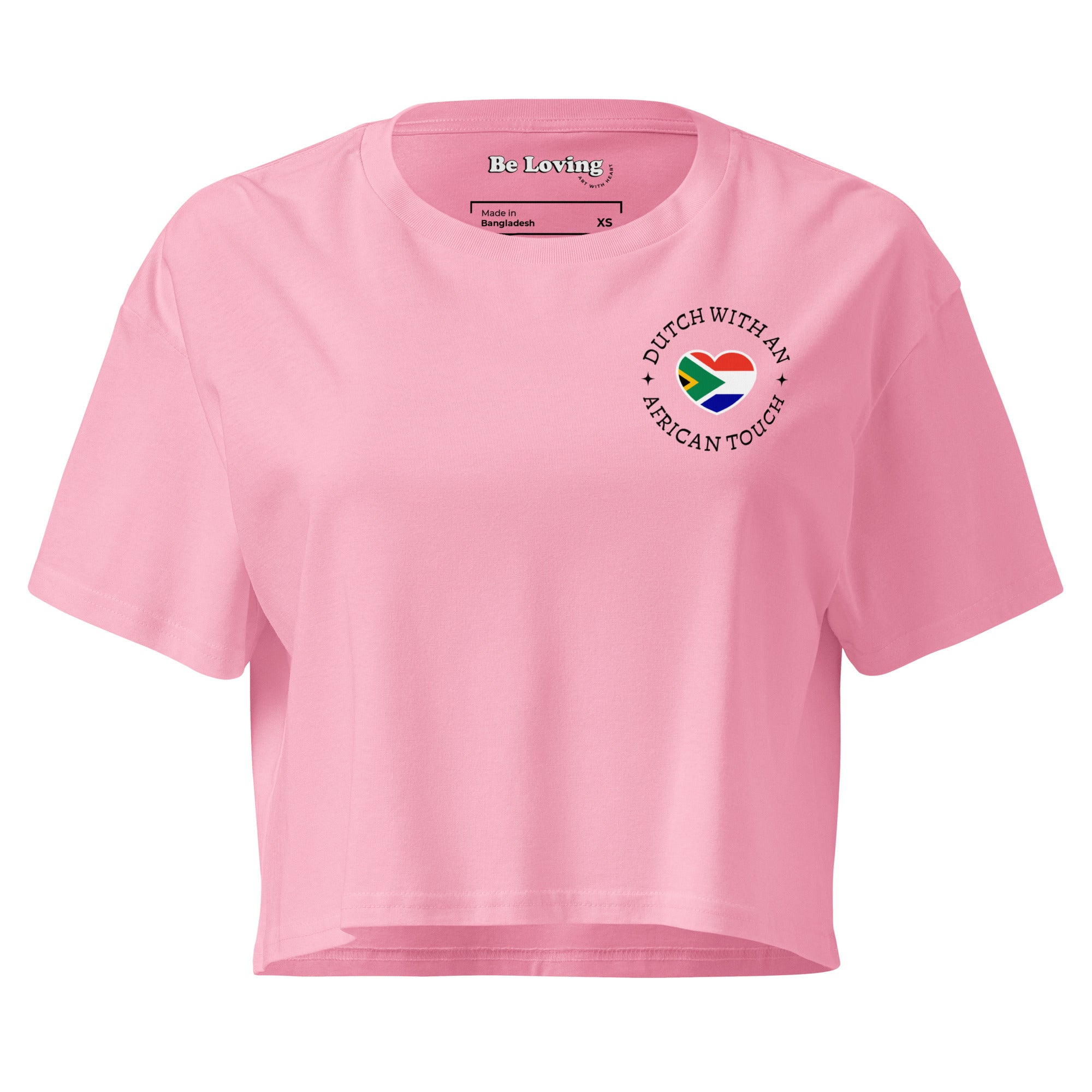 Women’s crop top with small “Dutch With An African Touch” text and a heart combining South African and Dutch flag colours on the chest.