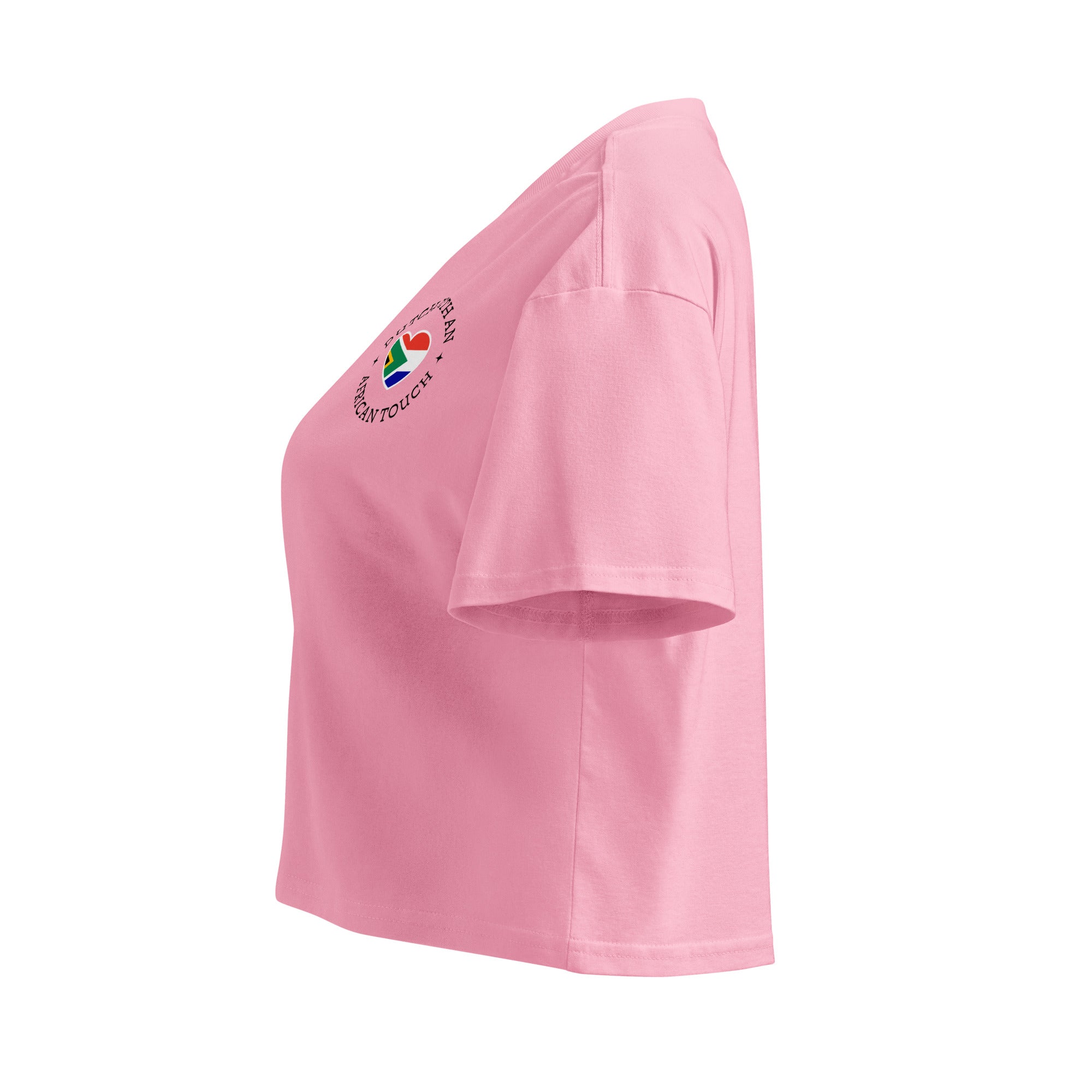Women’s crop top with small “Dutch With An African Touch” text and a heart combining South African and Dutch flag colours on the chest.