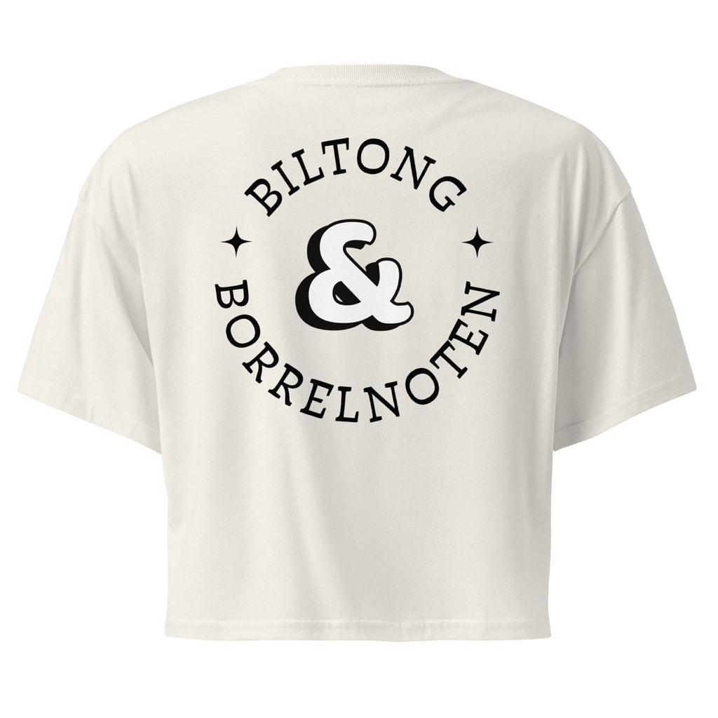 Women’s crop top with a small Two Homes One Heart design combining South African and Dutch flags on the chest and large Biltong & Borrelnoten graphic on the back.