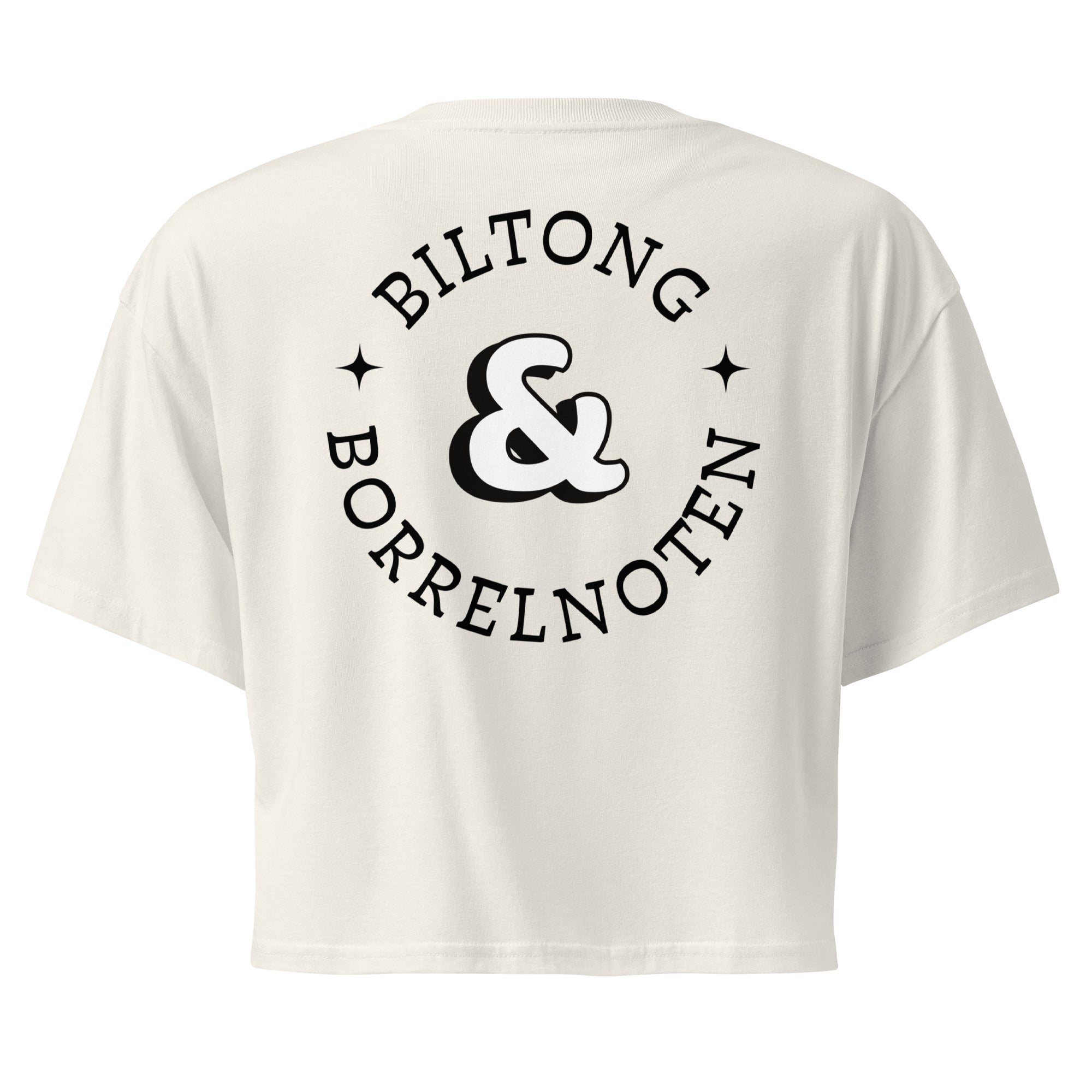 Women’s crop top with a small Two Homes One Heart design combining South African and Dutch flags on the chest and large Biltong & Borrelnoten graphic on the back.
