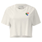 Women’s crop top with a small Two Homes One Heart design combining South African and Dutch flags on the chest and large Biltong & Borrelnoten graphic on the back.