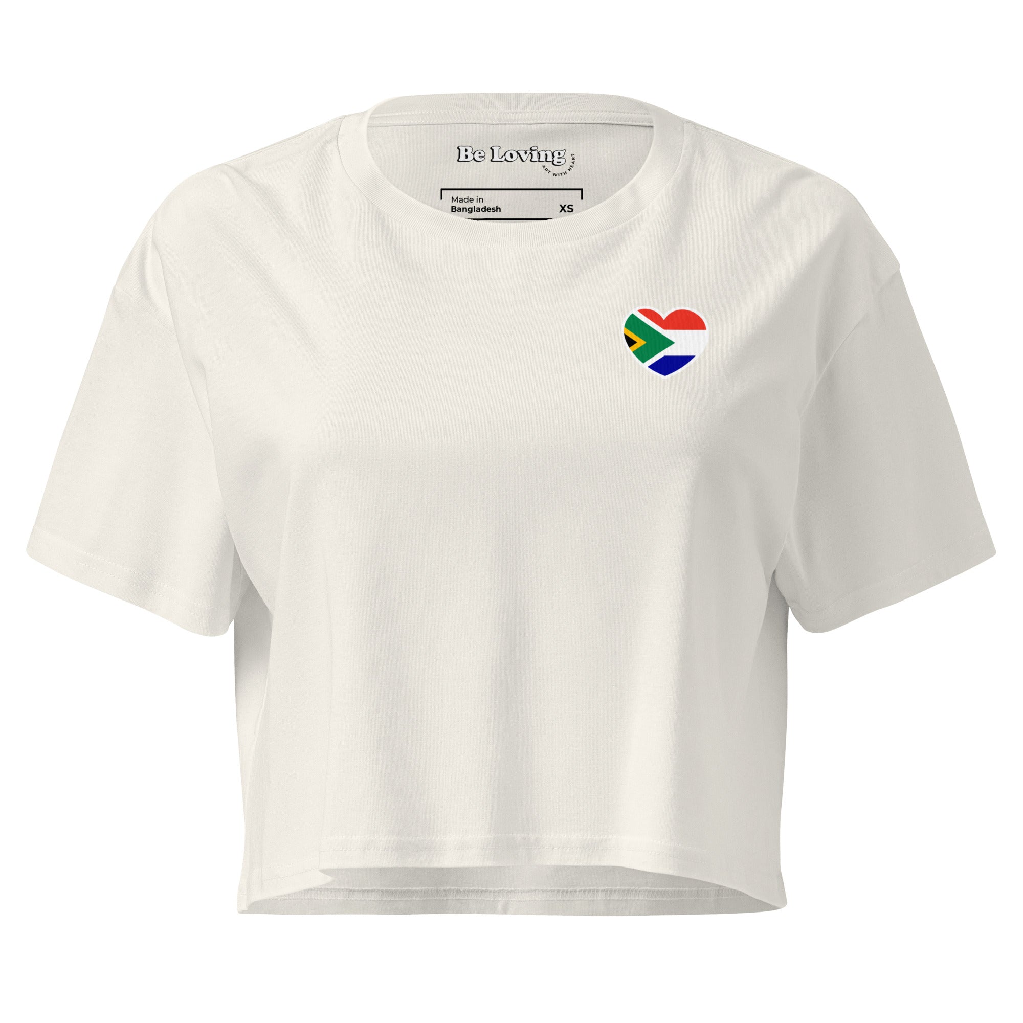 Women’s crop top with a small Two Homes One Heart design combining South African and Dutch flags on the chest and large Biltong & Borrelnoten graphic on the back.