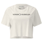 Women’s cropped t-shirt with “Vetkoek > Oliebollen” printed in black across the chest, South African Roots collection top.