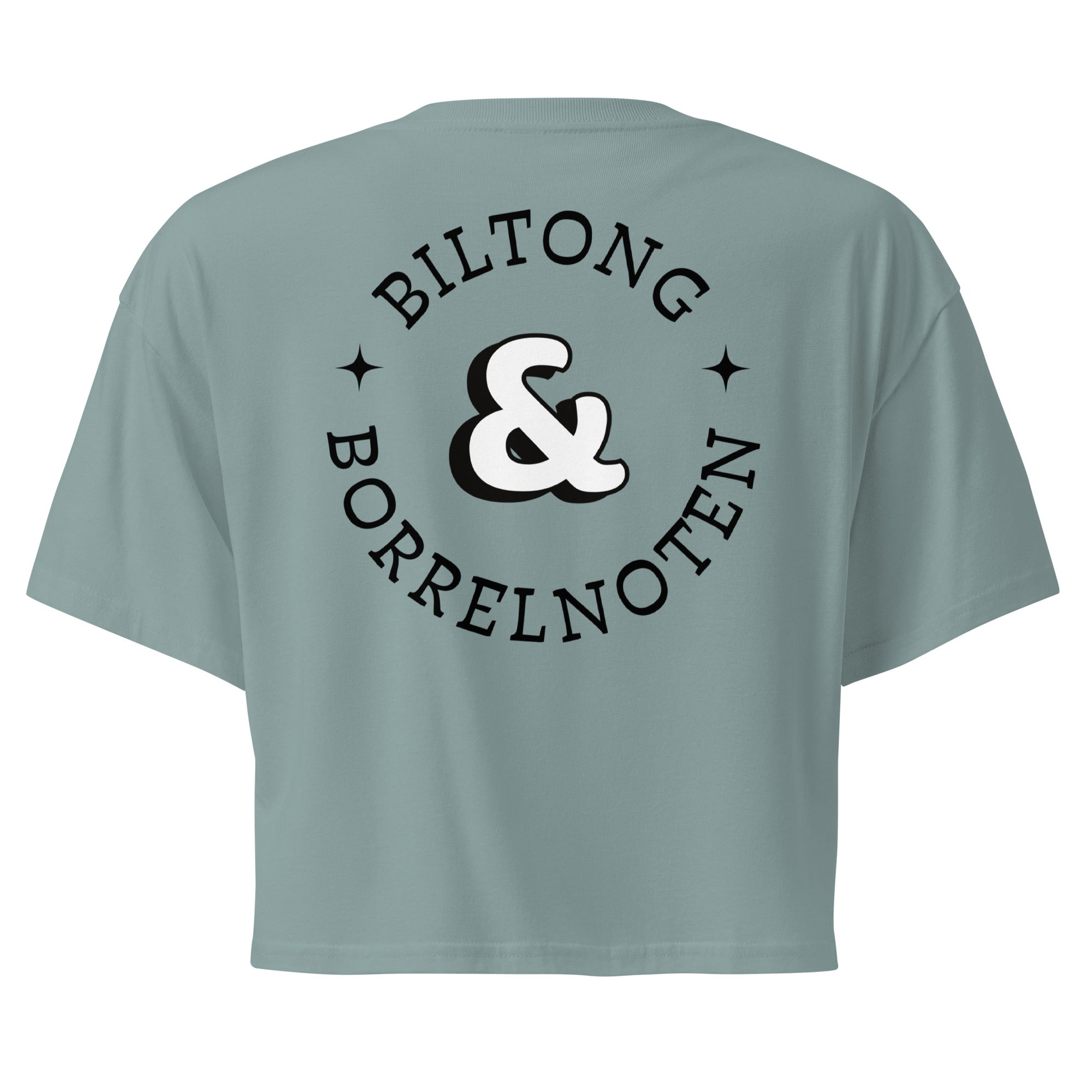 Women’s crop top with a small Two Homes One Heart design combining South African and Dutch flags on the chest and large Biltong & Borrelnoten graphic on the back.