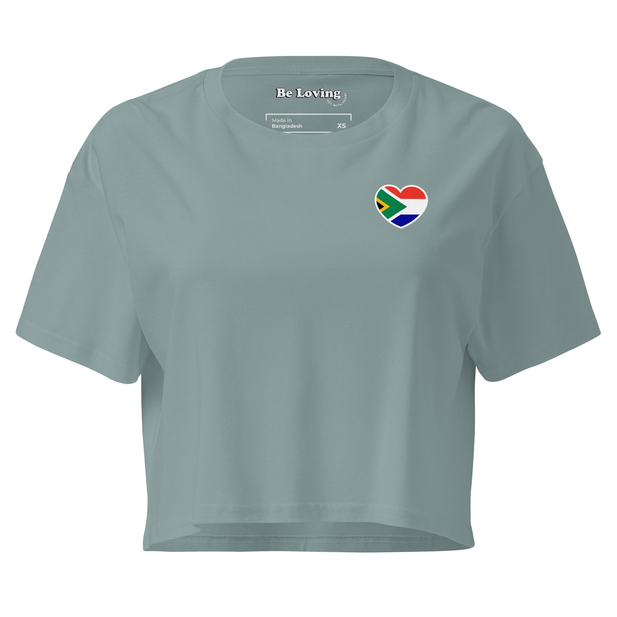 Women’s crop top with a small Two Homes One Heart design combining South African and Dutch flags on the chest and large Biltong & Borrelnoten graphic on the back.